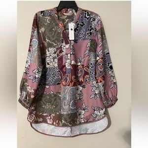 Soft Surroundings Alvador Fleur Tunic Top L V-Neck Floral Patchwork High/Low Hem